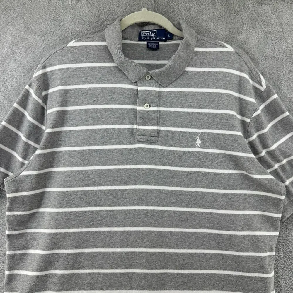 Polo Ralph Lauren Shirt Mens L Gray Striped Polo 1/4 Button Preppy Short Sleeve
